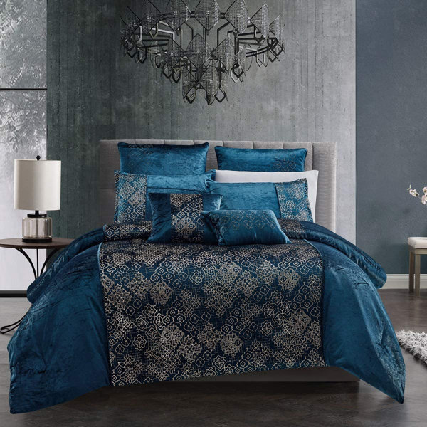 Rosdorf Park Hanner Teal/Gold Microfiber 7 Piece Comforter Set